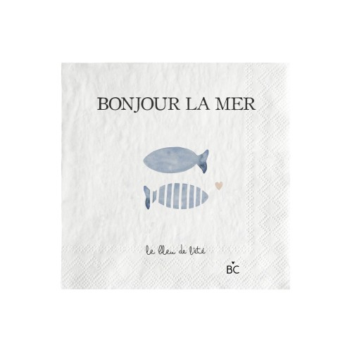 Serwetki papierowe Bonjour LaMer w odcieniach niebieskiego, z nadrukiem dwóch ryb oraz napisem BONJOUR LA MER. Wzór jest na białym tle, z ozdobnym brzegiem. Produkt z kolekcji Bastion Collection, opakowanie zawiera 20 sztuk.
