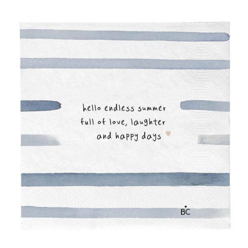 Serwetki papierowe w kolorze białym z niebieskimi, akwarelowymi paskami. Na środku widoczny napis „hello endless summer full of love, laughter and happy days”. Serwetki zapakowane w zestawie 20 sztuk, z logo Bastion Collection w dolnym rogu.