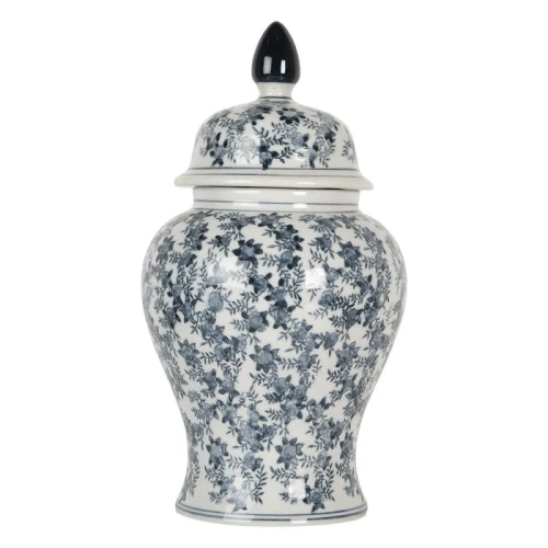 Waza porcelanowa w kształcie amfory, wysokość 32 cm, zdobiona niebieskim kwiatowym wzorem na białym tle. Posiada czarną, stożkowatą pokrywkę. Ujęcie frontalne, z widocznymi detalami dekoracyjnymi i kształtem.