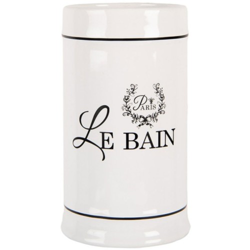 Pojemnik Le Bain w kolorze białym, o cylindrycznym kształcie. Na froncie widoczny czarny napis LE BAIN oraz logo P w eleganckim wzorze. Produkt zamknięty, z dekoracyjną, złotą linią na dolnej krawędzi.