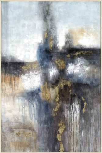 Abstrakcyjny obraz w ramie o wymiarach 100x150 cm, z dominującymi odcieniami niebieskiego, złotego oraz szarości. Tekstura malowidła jest zróżnicowana, z widocznymi spływami i złotymi akcentami, nadającymi głębię i wymiar. Ramka w jasnym kolorze.