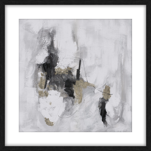 Obraz abstrakcyjny Granite I w ramie o wymiarach 80x80 cm. Dominują kolory szarości, czerni oraz złota. Kompozycja charakteryzuje się dynamicznymi pociągnięciami pędzla i teksturą, z widocznymi złotymi akcentami na tle. Ramka czarna, prosta.