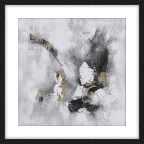 Abstrakcyjny obraz Granite II w ramie o wymiarach 80x80 cm, przedstawiający kompozycję w odcieniach szarości, bieli i złota. Rysunki o dynamicznych kształtach i teksturach, umieszczone na jasnym tle. Ramka w kolorze czarnym, minimalistyczny styl.