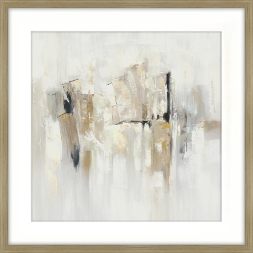 Abstrakcyjny obraz Amber I w ramie o wymiarach 80x80 cm. Dominują stonowane odcienie beżu, bieli i szarości, z delikatnymi akcentami czerni. Praca ma teksturowaną powierzchnię, wprowadza harmonijną atmosferę. Ramka w jasnym drewnie.