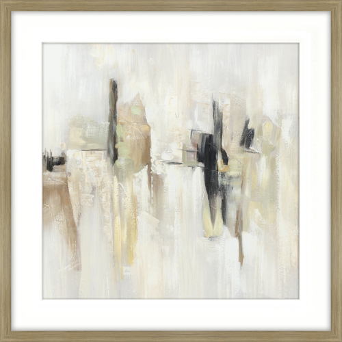 Abstrakcyjny obraz Amber II w ramie o wymiarach 80x80 cm. Dominują stonowane odcienie bieli, beżu i czerni, z dynamicznymi pociągnięciami pędzla. Obraz ma prostą, jasną ramę drewnianą, co podkreśla jego nowoczesny charakter.