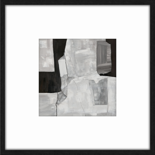Abstrakcyjny obraz Ash w ramie, 80x80 cm, w odcieniach szarości i czerni, z geometrycznymi kształtami i teksturą. Malowidło z delikatnymi liniami i różnymi fakturami, umieszczone na białym tle ramy.