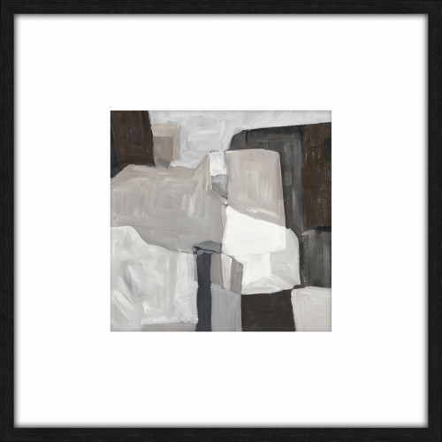 Obraz Ash II w ramie 80x80 cm, abstrakcyjna kompozycja w odcieniach szarości i bieli, z geometrycznymi kształtami i różnorodnymi fakturami. Ujęcie frontalne, w prostokątnej ramie o czarnym wykończeniu, na białym tle.