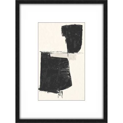 Abstrakcyjny obraz Coal I w ramie 60x80 cm, przedstawiający dwie ciemne, nieregularne formy na jasnym tle. Kompozycja z delikatnymi pociągnięciami pędzla i neutralnym kolorem tła. Ramka w kolorze czarnym, elegancka i subtelna.