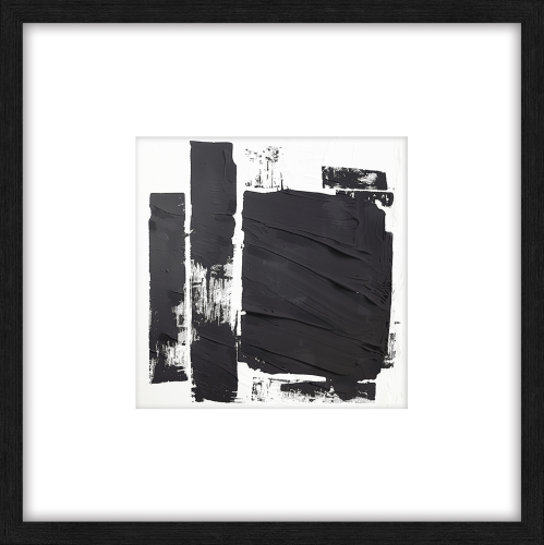 Obraz Basalt III w ramie 60x60 cm, przedstawiający abstrakcyjną kompozycję w odcieniach czerni i bieli. Widoczne są teksturowane, grube pociągnięcia farby na białym tle, tworzące dynamiczny kontrast. Ramka w kolorze czarnym.
