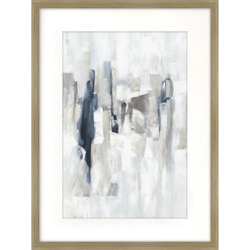 Obraz abstrakcyjny Ivory I w ramie o wymiarach 60x80 cm. Przewaga odcieni bieli, beżu i granatu z geometrycznymi kształtami. Ramka w kolorze jasnego drewna, umieszczona na białym tle. Stworzy elegancką dekorację wnętrza.