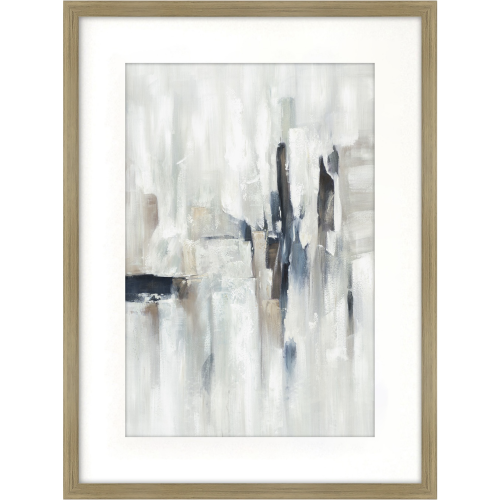 Obraz Ivory II w ramie 60x80 cm przedstawia abstrakcyjną kompozycję w odcieniach bieli, beżu i granatu. Zastosowane pociągnięcia pędzla tworzą teksturalne warstwy, a ramka w jasnym drewnie dopełnia całość, nadając elegancki wygląd.