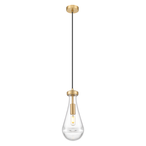 Wisząca lampa Memphis z przezroczystym kloszem w kształcie kropli, zawieszona na czarnym przewodzie, z metalowym mocowaniem w kolorze złotym. Lampa ma nowoczesny design, idealna do wnętrz.