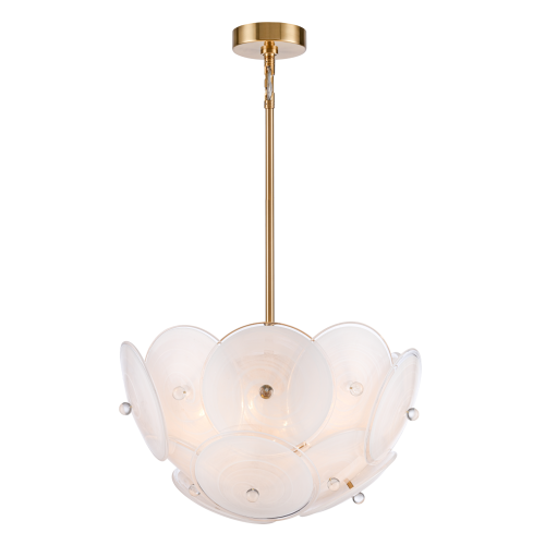 Designerska lampa wisząca Arden w kształcie kwiatowego klosza, z przezroczystymi, okrągłymi elementami, zawieszona na złotej rurze. Wewnątrz widoczna żarówka, lampa ma elegancki, nowoczesny design. Tło czarne, podkreślające detale.