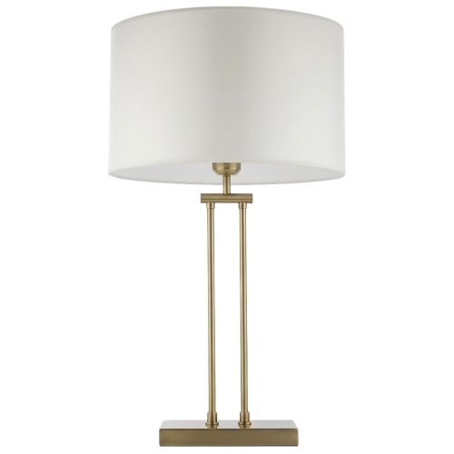 Stylowa lampa stołowa Athens z okrągłym, białym kloszem oraz metalową, złotą podstawą. Produkt stoi w pozycji pionowej, z widocznymi dwoma cienkimi rurkami łączącymi klosz z podstawą. Tło jest czarne, co podkreśla elegancki design lampy.
