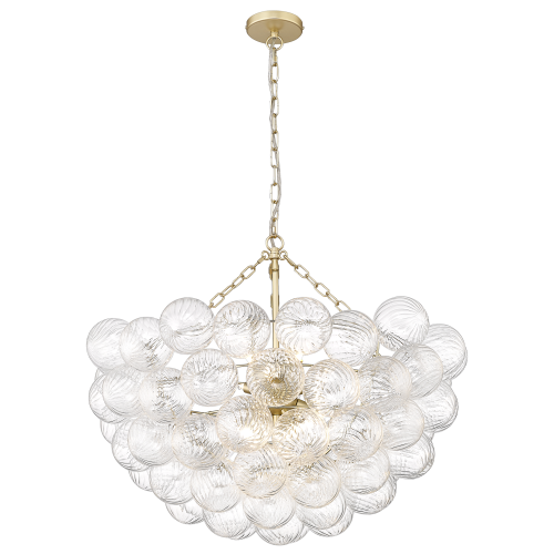 Lampa wisząca Como L w kształcie eleganckiego klosza z przezroczystego szkła, składająca się z okrągłych, teksturowanych kul. Złoty stelaż z łańcuchem, zawieszona na czarnym tle. Idealna do nowoczesnych wnętrz.