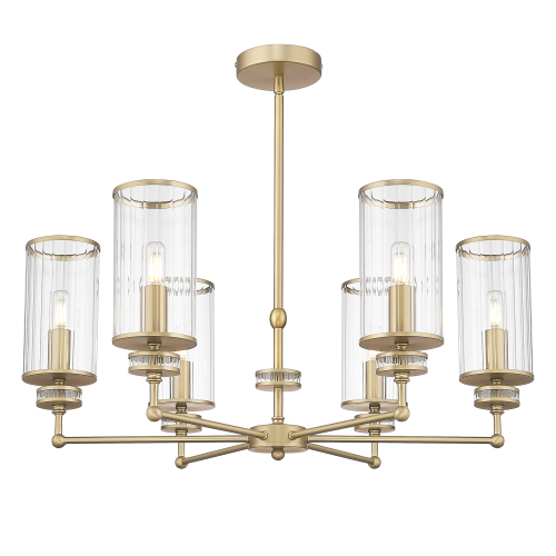 Klasyczna lampa wisząca Haven w kolorze złotym z sześcioma przezroczystymi kloszami. Klosze mają delikatne żłobienia i są zamontowane na smukłych ramionach, zawieszonych na długim wysięgniku. Idealna do eleganckich wnętrz.