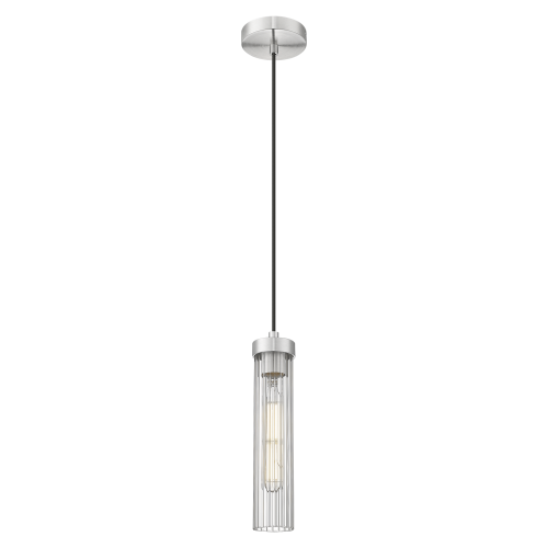 Lampa wisząca Quincy w niklu satynowym, z cylindrycznym kloszem z przezroczystego szkła, zawieszona na czarnym przewodzie. Ujęcie frontalne, lampa z widoczną żarówką w środku, idealna do nowoczesnych wnętrz.