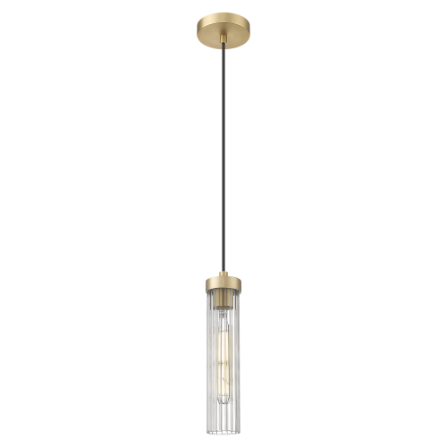 Lampa wisząca Quincy w kolorze mosiądzu, z przezroczystym, prążkowanym kloszem. Zamontowana na cienkim, czarnym przewodzie. Klosz w kształcie cylindrycznym, zawiera widoczną żarówkę. Prosta konstrukcja, idealna do nowoczesnych wnętrz.