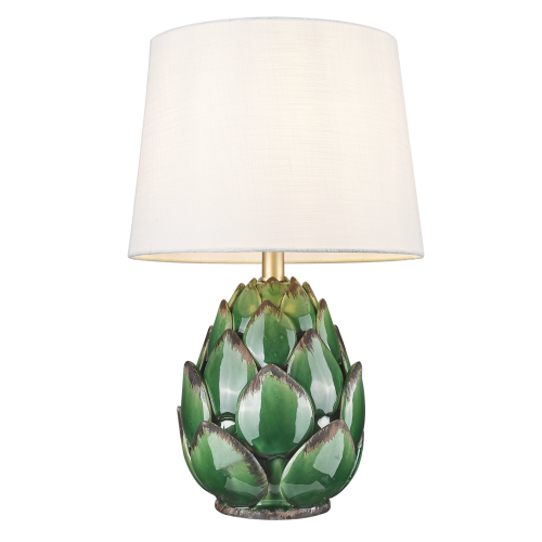 Lampa stołowa Aati o wysokości 52 cm, z ceramiczną podstawą w kształcie zielonego kwiatu, zwieńczona białym kloszem z tkaniny. Ujęcie frontalne, podkreślające detale liści i złoty element mocujący.