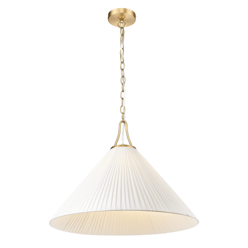 Lampa wisząca w kształcie stożka, z białym plisowanym abażurem i złotym wykończeniem. Uchwyt z łańcuchem, montowana sufitowo. Abażur skierowany ku dołowi, zapewniający rozproszone światło. Na jednolitym czarnym tle.