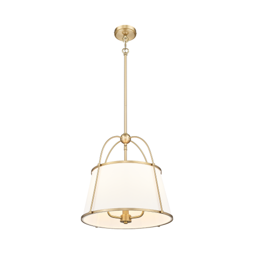 Lampa wisząca w stylu nowojorskim, średnica 43 cm, z metalową, złotą konstrukcją i białym, tekstylnym kloszem. Ujęcie frontalne, produkt zawieszony na długim przewodzie. Elegancki design, idealna do nowoczesnych wnętrz.