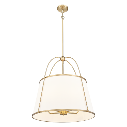 Lampa wisząca z białym kloszem o stożkowatym kształcie, zawieszona na złotej linki. Metalowa konstrukcja z delikatnymi łukami i kulką na szczycie. Prosty design, idealna do nowoczesnych wnętrz.