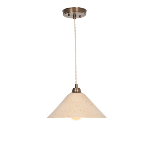 Stylowa lampa sufitowa Mirea w kolorze mosiądzu i piasku, o średnicy 29 cm. Posiada stożkowaty klosz w jasnym odcieniu z drobnymi punktami, zawieszony na plecionym przewodzie. Montaż na suficie, z widocznym źródłem światła.