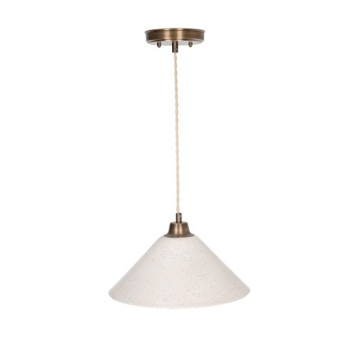 Lampa sufitowa Mirea w kolorze ivory z mosiężnym wykończeniem, o kształcie stożkowym, zawieszona na cienkim, skręconym przewodzie. Średnica 29 cm, matowa klosz z drobnymi wzorami, montowana na suficie.