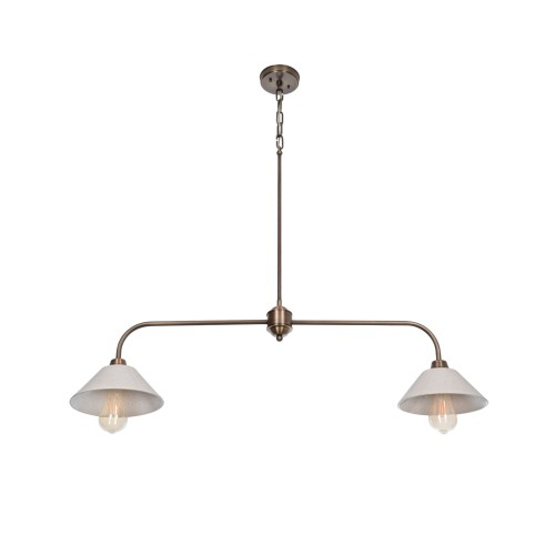 Stylowa lampa sufitowa Sorena w kolorze mosiądzu, szerokość 115 cm. Posiada dwa klosze w kształcie stożków w jasnym kolorze, zawieszona na cienkim łańcuchu. Idealna do nowoczesnych wnętrz.