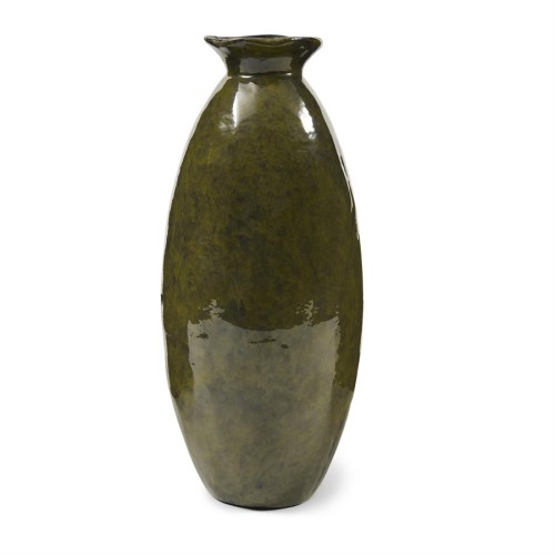 Wazon Lunaro Tall w kolorze leśnej zieleni, ceramiczny, o smukłym, wydłużonym kształcie. Ujęcie frontalne, wazon stoi pionowo na jednolitym tle. Powierzchnia błyszcząca z subtelnymi wzorami, otwór u góry lekko falisty.