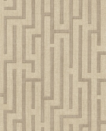 Beżowo-brązowa tapeta Linen Trellis od Riviera Maison, z geometrycznym wzorem w postaci prostokątnych linii. Materiał o teksturowanej powierzchni, w neutralnej kolorystyce, idealna do aranżacji wnętrz.