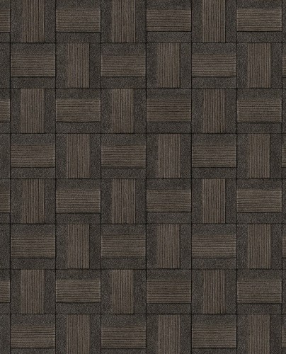 Tapeta Geometryczna Brązowa Riviera Maison w odcieniach brązu, z regularnym wzorem kwadratów i prostokątów, z teksturą gładką oraz prążkowaną. Ułożona na jednolitym tle, tworzy nowoczesny i elegancki efekt wizualny.