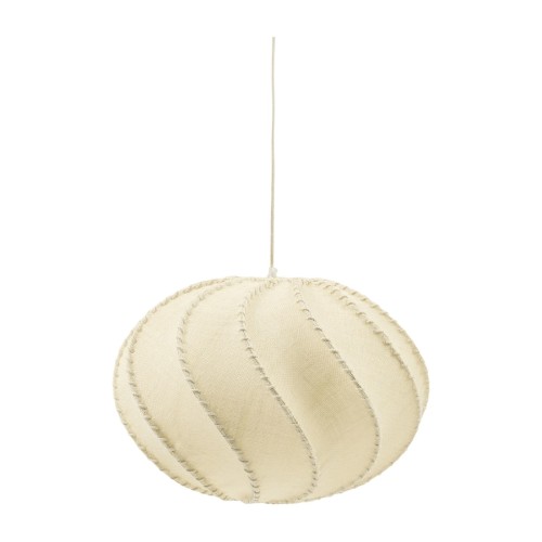 Lampa wisząca Lumea w kolorze kremowym, o okrągłym kształcie z falistym wzorem i widocznymi szwami. Zawieszona na cienkim przewodzie, idealna do nowoczesnych wnętrz.