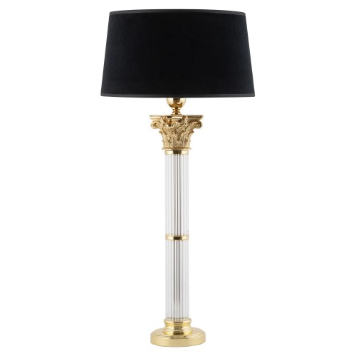 Lampa stołowa Vera II o wysokości 70 cm, z czarnym abażurem i złotym, zdobionym trzonem w kształcie kolumny. Użyta przezroczysta tekstura na podstawie i kolumnie podkreśla elegancję. Idealna do nowoczesnych wnętrz.
