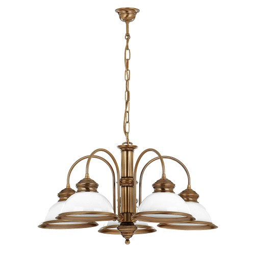 Lampa sufitowa wisząca Lido, o wymiarach 69x69x87 cm, w kolorze złotym z pięcioma szklanymi kloszami. Produkt zawieszony na łańcuchu, z eleganckimi, zakrzywionymi ramionami. Tło zdjęcia jednolite, białe.