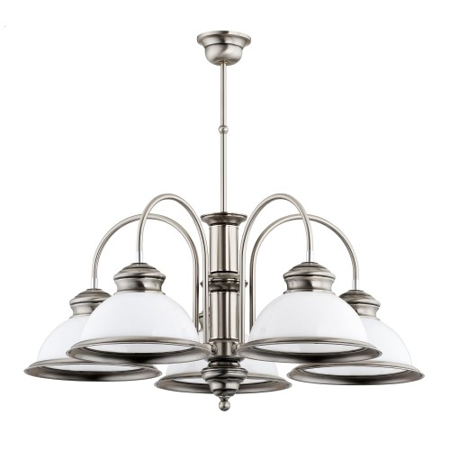 Lampa sufitowa wisząca Lido II w kolorze metalicznym z pięcioma kloszami w białym kolorze. Wymiary: 69x69x87 cm. Produkt zawieszony na długim elemencie, z eleganckimi detalami i klasycznym wzornictwem.