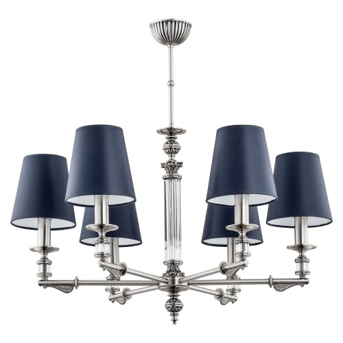 Lampa sufitowa Merano z sześcioma granatowymi kloszami, metalową podstawą w kolorze niklu i dekoracyjnymi detalami. Ujęcie frontalne, produkt wiszący, wymiary 71x71x70 cm, na białym tle.