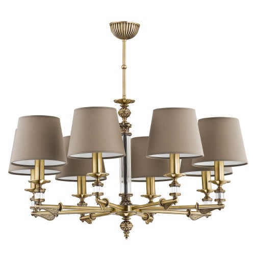 Lampa sufitowa Merano II w kolorze złotym, z sześcioma abażurami w odcieniu brązu. Okrągła podstawa z detalami dekoracyjnymi. Wymiary: 77x77x70 cm. Ujęcie frontalne, produkt wiszący.
