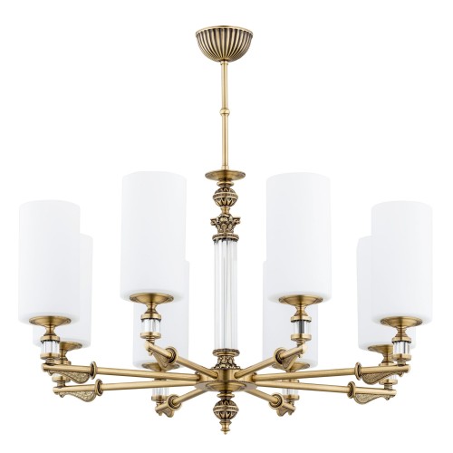 Lampa sufitowa Merano z sześcioma kloszami w kolorze białym, złotą metalową konstrukcją i ozdobnym detalem w centralnej części. Wymiary: 69x69x70 cm, zawieszona na łańcuszku. Idealna do eleganckich wnętrz.
