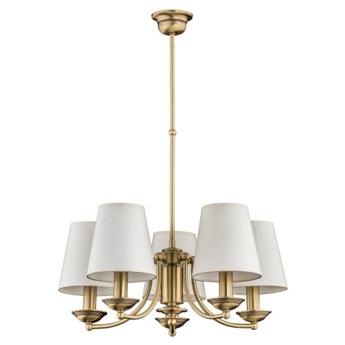 Lampa sufitowa Bonnie w kolorze złotym, z pięcioma białymi kloszami, o wymiarach 54x54x55 cm. Stojąca na długim, metalowym wsporniku, prezentuje elegancki design. Idealna do nowoczesnych wnętrz.