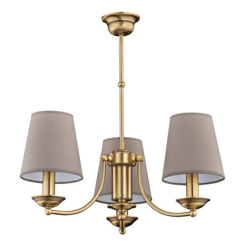 Lampa sufitowa Bonnie II z trzema kloszami w kolorze szarym, o mosiężnej podstawie. Wymiary: 49x49x55 cm. Klosze mają stożkowy kształt, a konstrukcja jest wisząca, zawieszona na cienkim pręcie. Tło białe.