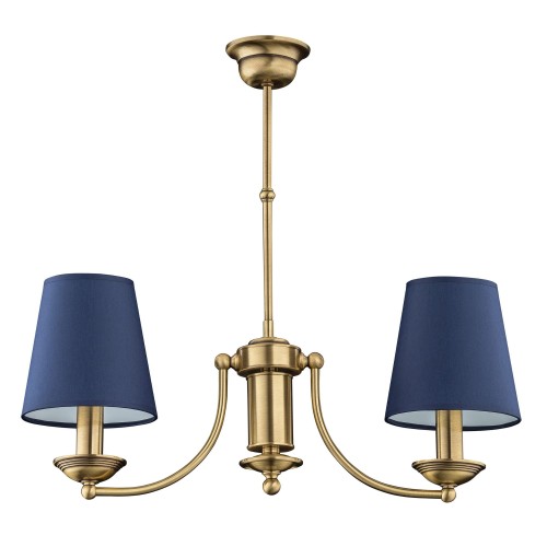 Lampa sufitowa Bonnie III w kolorze mosiądzu z dwoma niebieskimi abażurami. Ułożona w pozycji wiszącej, z eleganckimi, zaokrąglonymi kształtami. Wymiary: 49x55 cm. Prosta konstrukcja z detalami dekoracyjnymi.