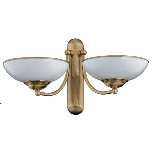 Kinkiet Bonnie Glass w kolorze mosiądzu z dwoma białymi kloszami. Ułożony w pozycji wiszącej, z eleganckim detalem w postaci zaokrąglonych krawędzi kloszy. Wymiary 41x29x25 cm, idealny do nowoczesnych wnętrz.