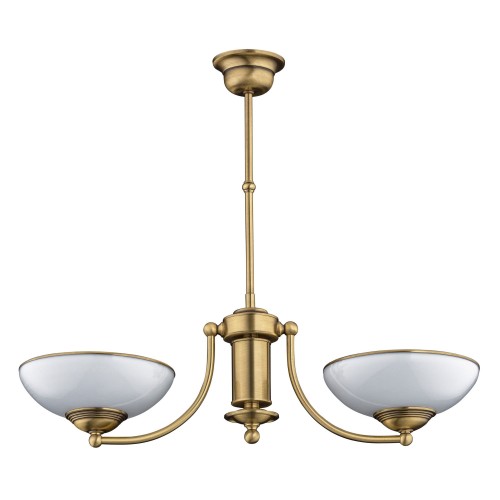 Lampa sufitowa Bonnie Glass III w kolorze mosiądzu, z dwiema białymi szklanymi kloszami o kształcie miski. Wymiary 58x54 cm. Ujęcie frontalne, zawieszona na cienkim łączniku. Prosta konstrukcja w stylu klasycznym, idealna do różnych aranżacji wnętrz.