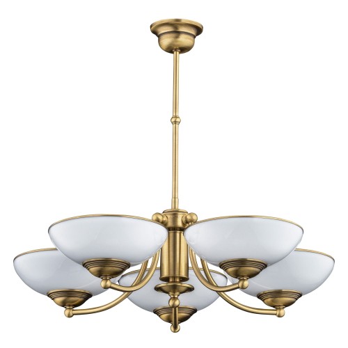 Lampa sufitowa Bonnie Glass o średnicy 56 cm i wysokości 57 cm, z sześcioma białymi kloszami w kształcie misek, zawieszona na złotej konstrukcji z metalowymi ramionami, w stylu klasycznym.