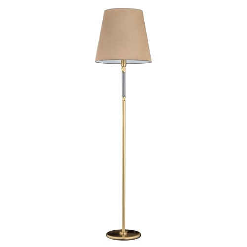 Lampa podłogowa Tamara o wysokości 177 cm, z metalową podstawą w kolorze złotym i stożkowym kloszem w odcieniu beżowym. Produkt stoi w pozycji pionowej, z eleganckim wykończeniem i chromowanymi detalami. Idealna do nowoczesnych wnętrz.