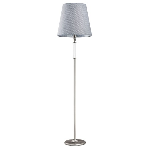 Lampa podłogowa Napoli o wysokości 170 cm, z metalową podstawą w kolorze srebrnym i niebieskim kloszem w kształcie stożka. Ujęcie frontalne, lampa stoi stabilnie na podłodze, prezentując elegancki design.