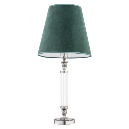 Lampa stołowa Napoli o wysokości 66 cm, z zielonym, welurowym kloszem i metalową podstawą. Przezroczysta, szklana część trzonu dodaje elegancji. Produkt stoi na okrągłej podstawie, prezentując nowoczesny styl.
