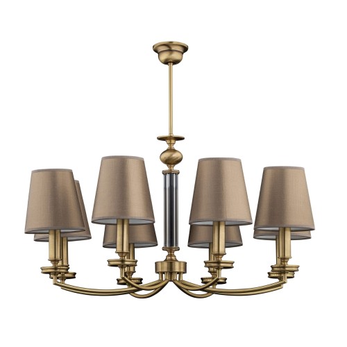 Lampa sufitowa Rossano o wymiarach 75x75x70 cm, w kolorze złotym, z sześcioma abażurami w odcieniu beżowym. Ujęcie z boku, z widocznym detalem ozdobnej podstawy i metalowego stelaża. Tło białe, minimalistyczne.