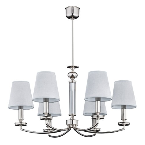 Lampa sufitowa Rossano II w kolorze srebrnym, z sześcioma białymi abażurami, zawieszona na długim, chromowanym przewodzie. Wymiary 75x75x70 cm, z eleganckim, szklanym detalem w centralnej części. Prosta forma, idealna do nowoczesnych wnętrz.